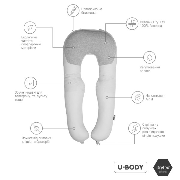 Фото - Подушка для вагітних та відпочинку Sonex U-Body П-подібна антиалергенна 135x68x25 сіра (SO102577)